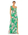 Mac Duggal Floral Print Ruffled Wrap Over A Line Gown In Green