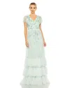 Mac Duggal Ruffle Tiered Embellished Faux Wrap Flutter Sleeve In Green