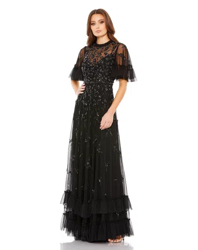 Mac Duggal 9199 Long Formal Beaded Short Sleeve Dress In Black