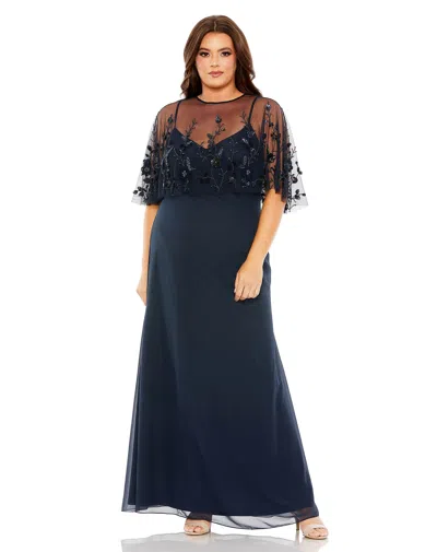 Mac Duggal Hand Embellished Cape Chiffon Gown In Blue