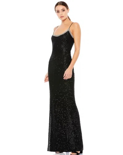 Mac Duggal Rhinestone Encrusted Scoop Neckline Beaded Gown In Black