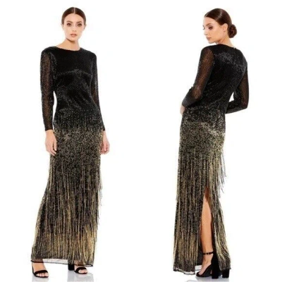 Pre-owned Mac Duggal 93584 Long Sleeve Beaded Fringe Evening Gown Size 18 Black Gold