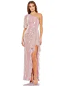 Mac Duggal Sequined Flutter Sleeve One Shoulder Draped Gown In Pink