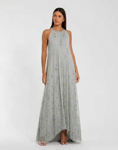 Mac Duggal High Neck Floral Embellished Mesh Trapeze Gown In Gray