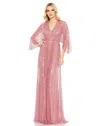Mac Duggal Beaded Striping Kimono Sleeve V Neck Gown In Pink