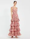 Mac Duggal Drawstring Shoulder Floral Chiffon Tiered Gown In Pink