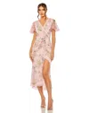 Mac Duggal Printed Mesh Flutter Sleeve Faux Wrap Midi Dress In Pink