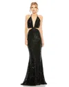 Mac Duggal Cut Out Halter Tie Back Sequin Gown In Black