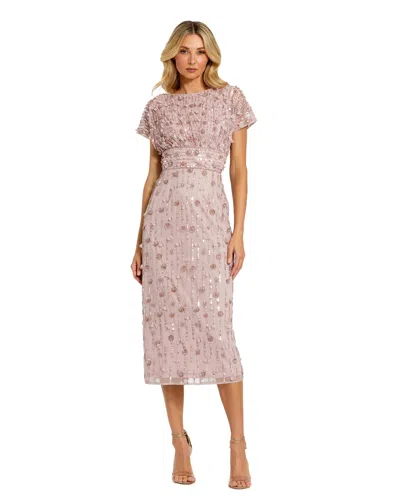 Mac Duggal Cap Sleeve Column Midi Dress With Floral Beading In Vintage Lilac