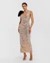Mac Duggal Mesh Beaded 3d Flower Cowl Back Ankle Dress In Neutral