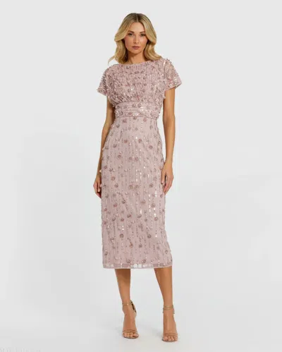 Mac Duggal Cap Sleeve Column Midi Dress With Floral Beading In Vintage Lilac