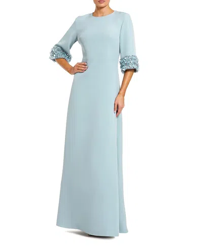 Mac Duggal A-line Crepe Gown With Embellished 3/4 Sleeves In Blue