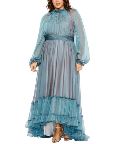 Mac Duggal Puff Sleeve With Embellished Cuff V Neck A Line Gown In French Blue