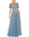 Mac Duggal High Neck Puff Sleeve Embellished A Line Gown In Blue
