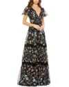 Mac Duggal Floral Print Pleated Wrap Over Butterfly Sleeve Dress