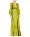 Mac Duggal Charmeuse Bishop Sleeve V Neck Gown