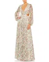 Mac Duggal Floral Sequin Long Sleeve Lace-up Back Mesh Gown