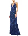 Mac Duggal Sequin Floral Halter Neck Sheath Gown In Blue