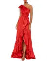 Mac Duggal Bow One Shoulder Ruffle Asymmetrical Hem Gown