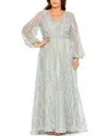 Mac Duggal V Neck Puff Sleeve Embroidered A Line Gown