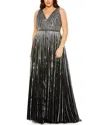 Mac Duggal Sequined Striped Sleeveless V Neck A Line Gown (plus)