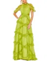 Mac Duggal Ruffle High Neck Flutter Sleeve A-line Gown