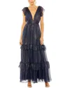 Mac Duggal Ruched Top Flutter Sleeve Deep V Gown