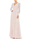 Mac Duggal Beaded Lace Long Sleeve Wrap Over Gown In Light Rose In Beige