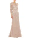 Mac Duggal Beaded Long Sleeve Evening Gown In Beige