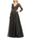 Mac Duggal Embellished Illusion Long Sleeve V Neck Gown In Black