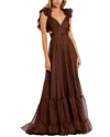 Mac Duggal Rosette Chiffon Cutout Empire Waist Gown In Gold