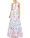 Mac Duggal Floral Asymmetric Halter Neck Tiered Gown In Multi