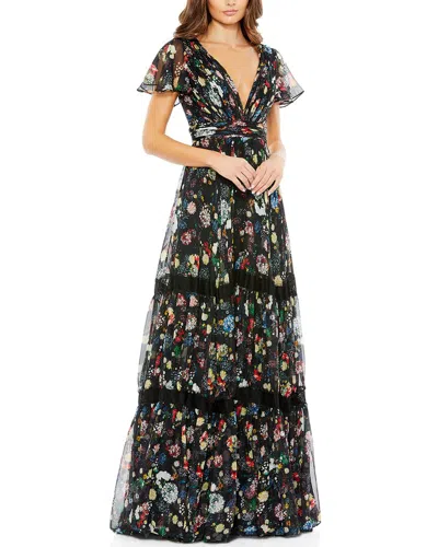 Mac Duggal Floral Print Pleated Wrap Over Butterfly Sleeve Dress In Black Multi