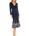 Mac Duggal Long Sleeve Faux Wrap Embellished Tea Length Dress In Multi