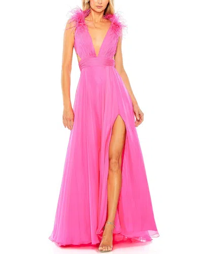 Mac Duggal 68680 Long A Line Formal Feathered Slit Prom Dress In Pink