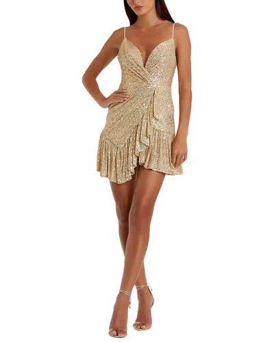 Mac Duggal Sequined Faux Wrap Ruffled Hem Mini Dress In Champagne