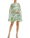 Mac Duggal Floral Print High Neck Ruffle Hem Cape Mini Dress In White