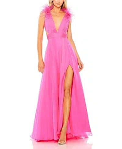 Mac Duggal A-line V Neck Feathered Collar Gown In Hot Pink