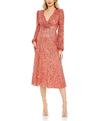 MAC DUGGAL A-LINE WRAP DRESS WITH DRAMATIC PUFF SLEEVES
