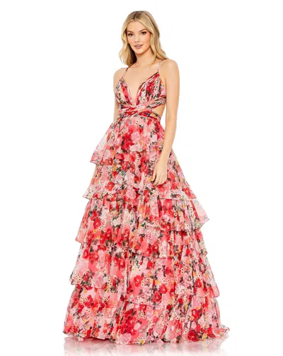 Mac Duggal Floral Printed Chiffon Ruffle Tiered Cut Out Ballgown In Pink Multi