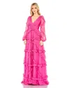 Mac Duggal Cascade Ruffle Long Sleeve A-line Gown In Pink