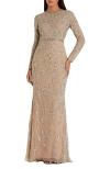 Mac Duggal Beaded Long Sleeve Evening Gown In Mocha