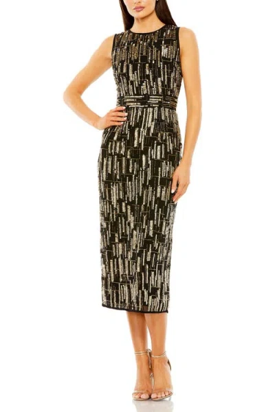 MAC DUGGAL MAC DUGGAL ABSTRACT BEADED SLEEVELESS MIDI DRESS