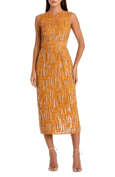 Mac Duggal Women's Abstract Beaded Sleeveless Midi Dress In Saffron