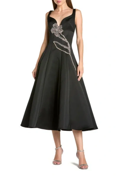Mac Duggal A-line Midi Dress With Embellished Flower In Black