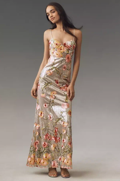Mac Duggal All-over Sequin Floral Embroidered Maxi Dress In Silver