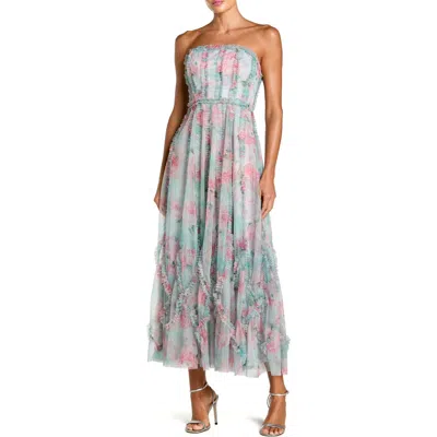 Mac Duggal Strapless Ruffle-trim Floral Mesh Midi Dress In Multi