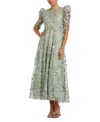 Mac Duggal Applique High Neck Puff Sleeve A Line Dress In Green
