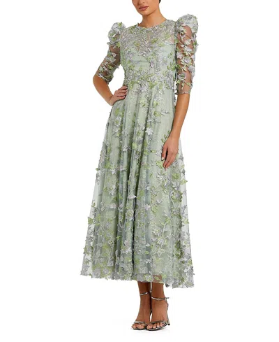 Mac Duggal Applique High Neck Puff Sleeve A Line Dress In Green