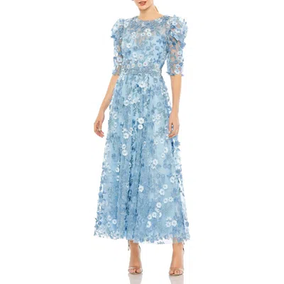 Mac Duggal Applique High Neck Puff Sleeve A Line Dress In French Blue
